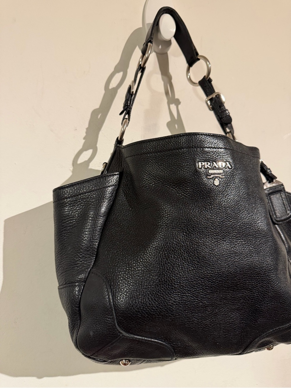 PRADA Black Pebbled Leather Shoulder Bag with Silver Hardware - Picture 3 of 15